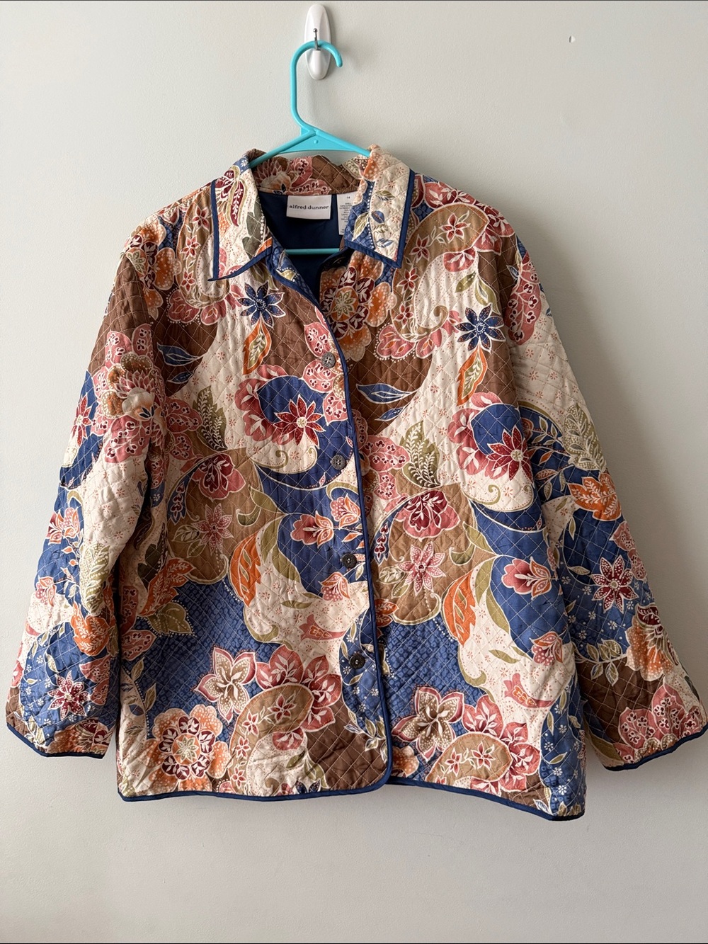Alfred Dunner Silk Multicolor Quilted Floral Jacket - Blue, Cream & Brown